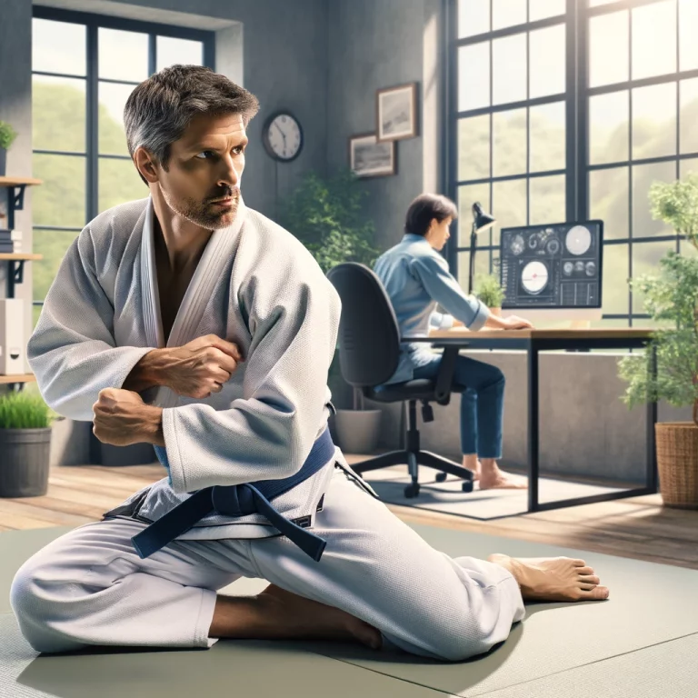 Middle-aged man in his thirties practicing Brazilian Jiu-Jitsu in a dojo, with a home office visible in the background, symbolizing a blend of physical activity and work-from-home lifestyle.
