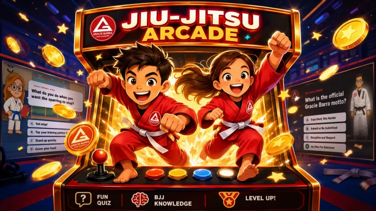 Two excited kids in red Jiu-Jitsu gis jump out of a glowing Jiu-Jitsu Arcade machine with quiz screens, coins, stars, and Gracie Barra-style game elements around them.